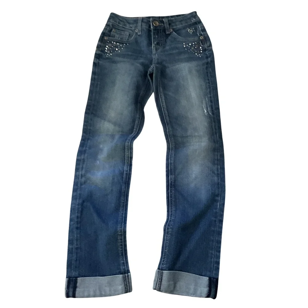 Justice Girls Simply Low Slim Jeans Medium Wash Rhinestone Studded Size 10S